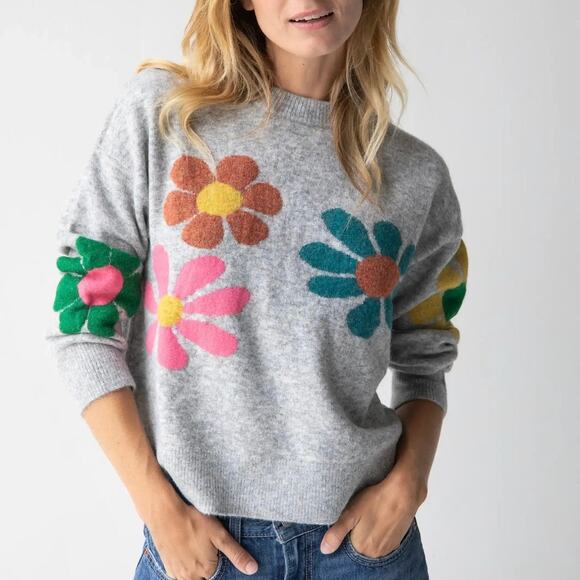 NATURAL LIFE Sweaters - NATURAL LIFE Ash Floral Printed Wool Blend Crewneck Sweater Gray XS